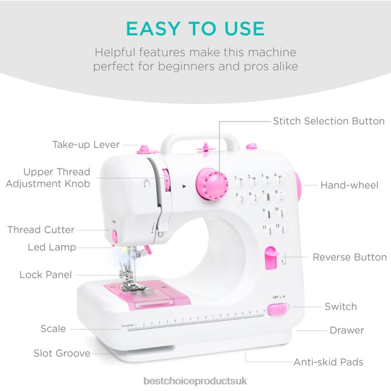 Accessory Best Choice Products6V Portable Foot Pedal Sewing Machine w/ 12 Stitch Patterns N62R1092 Pink/White