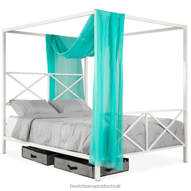 Accessory Best Choice Products4-Post Queen Size Modern Metal Canopy Bed Frame w/ Headboard, Footboard N62R1300 White