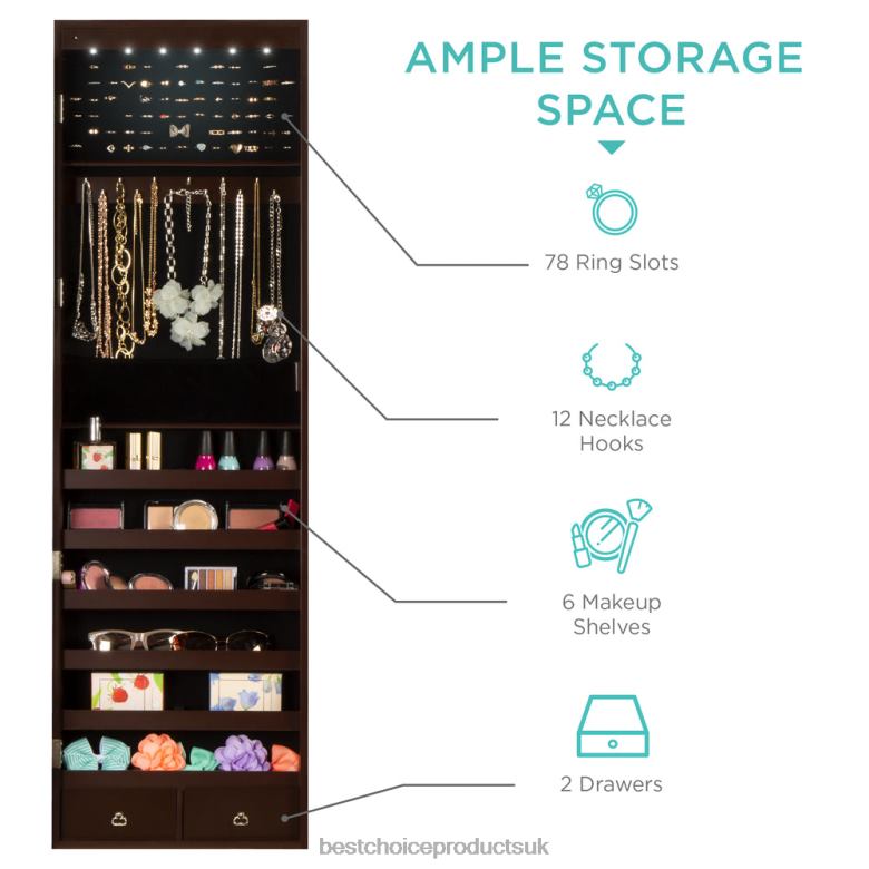 Accessory Best Choice Products6-Tier Standing Jewelry Mirror Armoire w/ LED Lights N62R711 Espresso