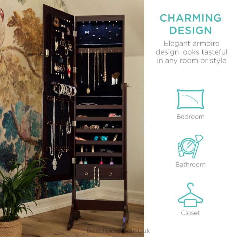 Accessory Best Choice Products6-Tier Standing Jewelry Mirror Armoire w/ LED Lights N62R711 Espresso