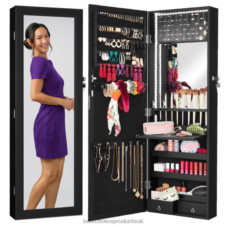 Accessory Best Choice ProductsDoor/Wall Mount Mirror Jewelry Cabinet Armoire w/ Inside Mirror, LED Lights N62R602 Black