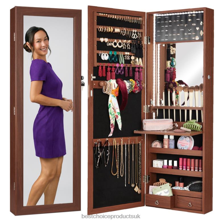 Accessory Best Choice ProductsDoor/Wall Mount Mirror Jewelry Cabinet Armoire w/ Inside Mirror, LED Lights N62R603 Walnut