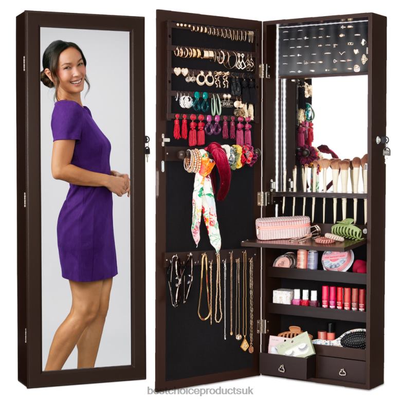 Accessory Best Choice ProductsDoor/Wall Mount Mirror Jewelry Cabinet Armoire w/ Inside Mirror, LED Lights N62R605 Espresso