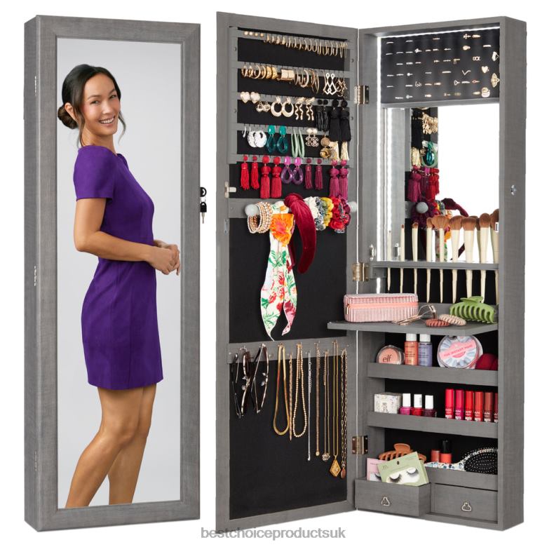 Accessory Best Choice ProductsDoor/Wall Mount Mirror Jewelry Cabinet Armoire w/ Inside Mirror, LED Lights N62R606 Gray Oak
