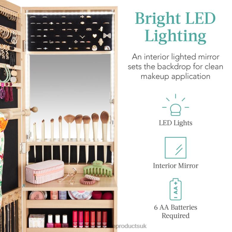 Accessory Best Choice ProductsDoor/Wall Mount Mirror Jewelry Cabinet Armoire w/ Inside Mirror, LED Lights N62R607 Natural Oak