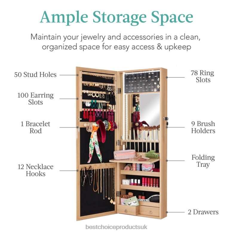 Accessory Best Choice ProductsDoor/Wall Mount Mirror Jewelry Cabinet Armoire w/ Inside Mirror, LED Lights N62R607 Natural Oak