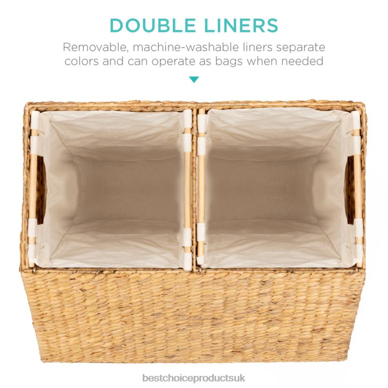 Accessory Best Choice ProductsExtra Large Water Hyacinth Double Laundry Hamper Basket w/ 2 Liner Bags N62R348 Brown