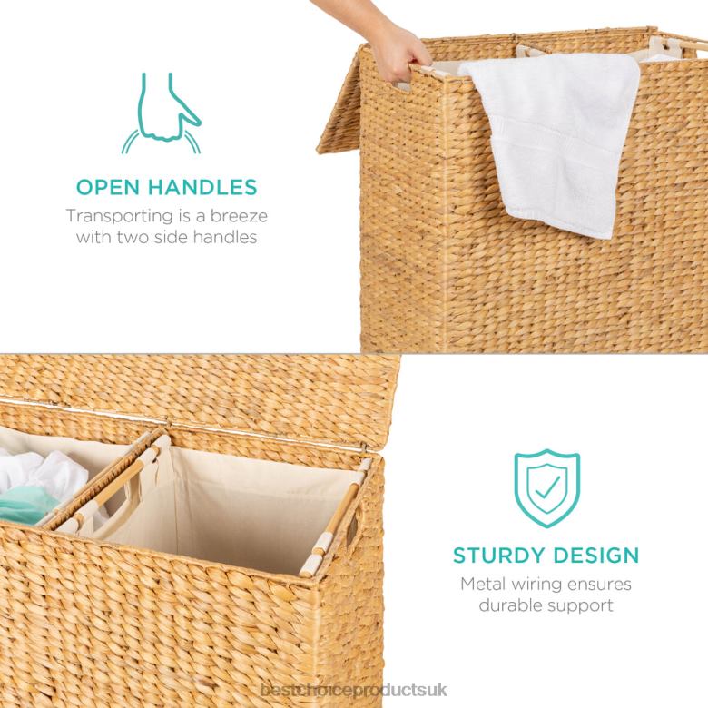 Accessory Best Choice ProductsExtra Large Water Hyacinth Double Laundry Hamper Basket w/ 2 Liner Bags N62R348 Brown
