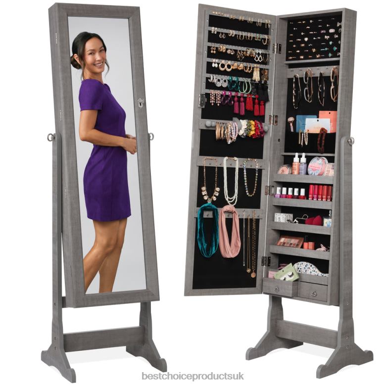 Accessory Best Choice ProductsFull Length Freestanding Jewelry Mirror Armoire w/ Velvet Interior N62R1198 Gray Oak