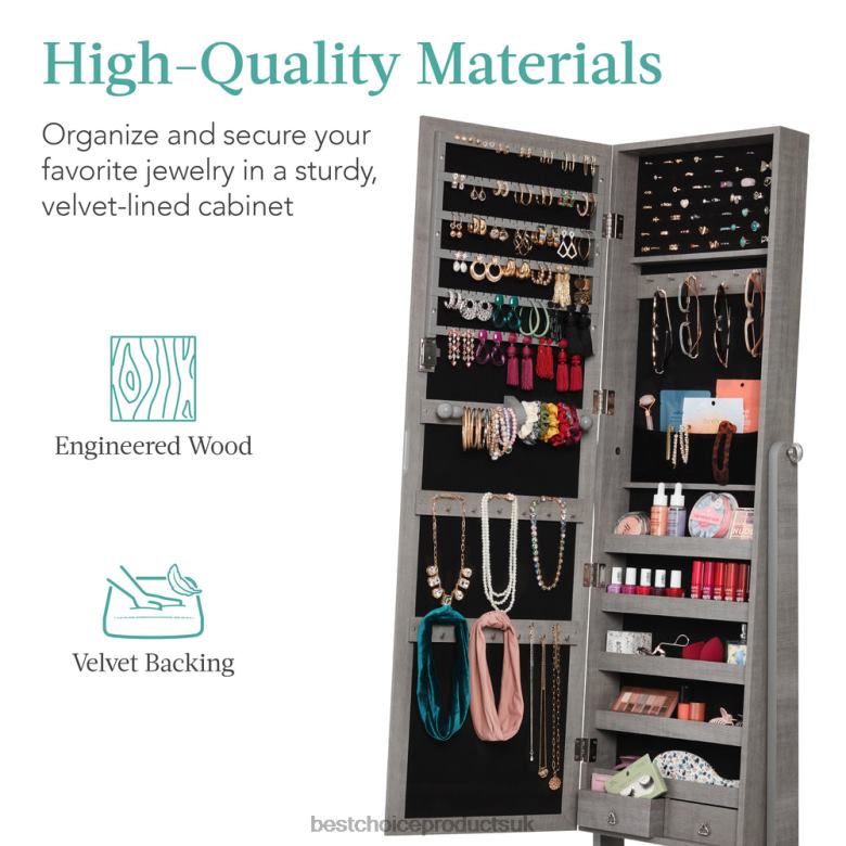 Accessory Best Choice ProductsFull Length Freestanding Jewelry Mirror Armoire w/ Velvet Interior N62R1198 Gray Oak