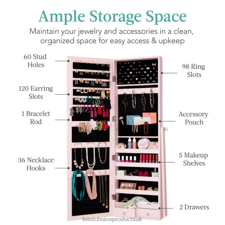 Accessory Best Choice ProductsFull Length Freestanding Jewelry Mirror Armoire w/ Velvet Interior N62R1199 Dusty Pink