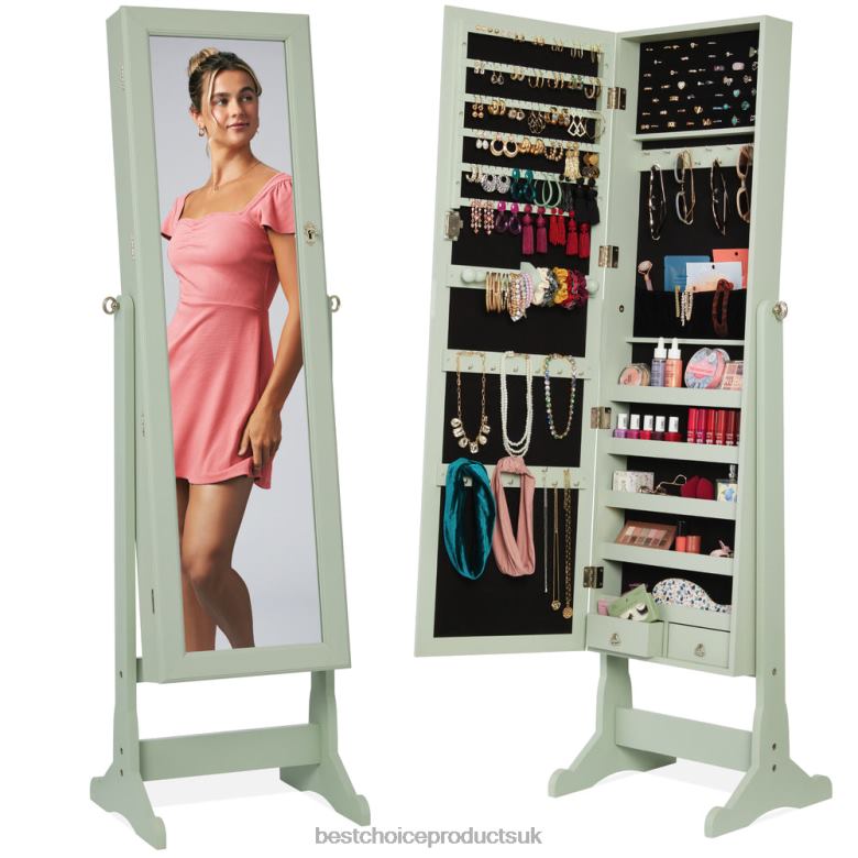 Accessory Best Choice ProductsFull Length Freestanding Jewelry Mirror Armoire w/ Velvet Interior N62R1201 Sage