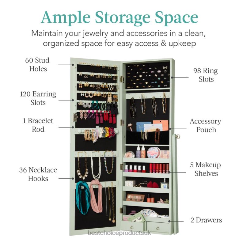 Accessory Best Choice ProductsFull Length Freestanding Jewelry Mirror Armoire w/ Velvet Interior N62R1201 Sage