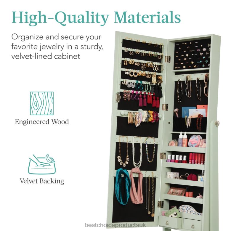 Accessory Best Choice ProductsFull Length Freestanding Jewelry Mirror Armoire w/ Velvet Interior N62R1201 Sage