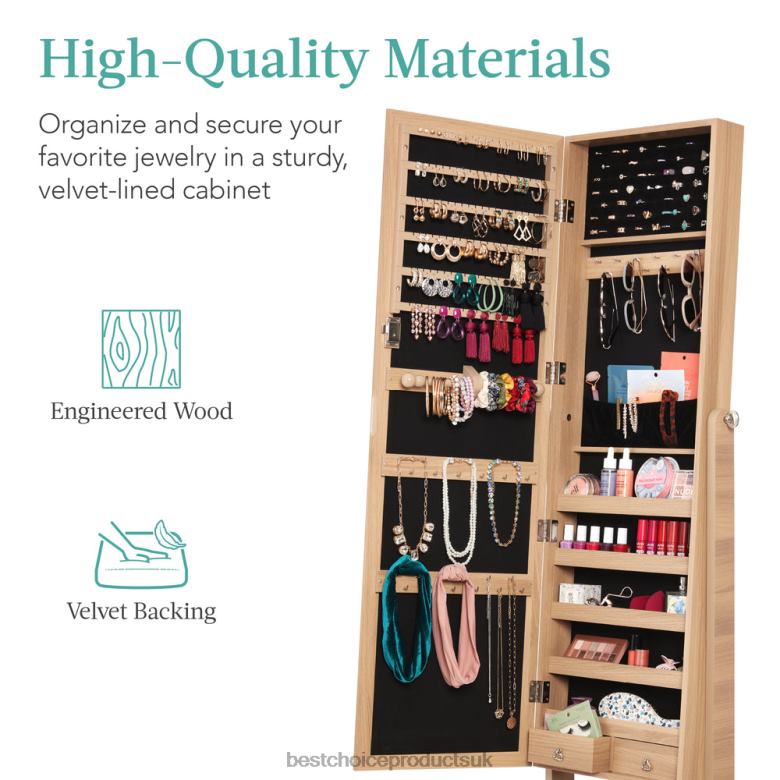 Accessory Best Choice ProductsFull Length Freestanding Jewelry Mirror Armoire w/ Velvet Interior N62R1202 Natural Oak