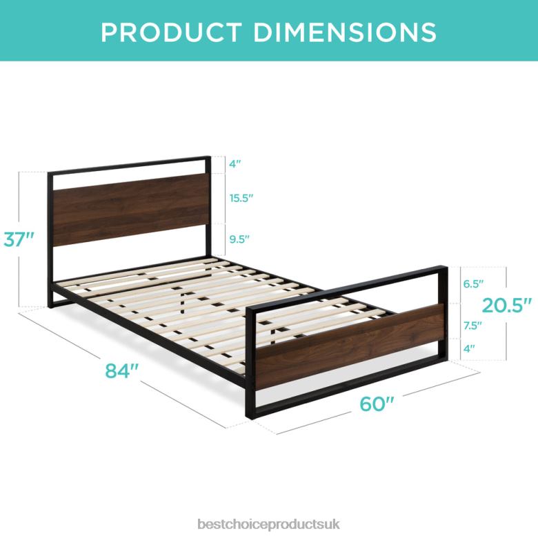 Accessory Best Choice ProductsMetal Wood Platform Queen Bed Frame w/ Wooden Slats N62R350 Black/Brown