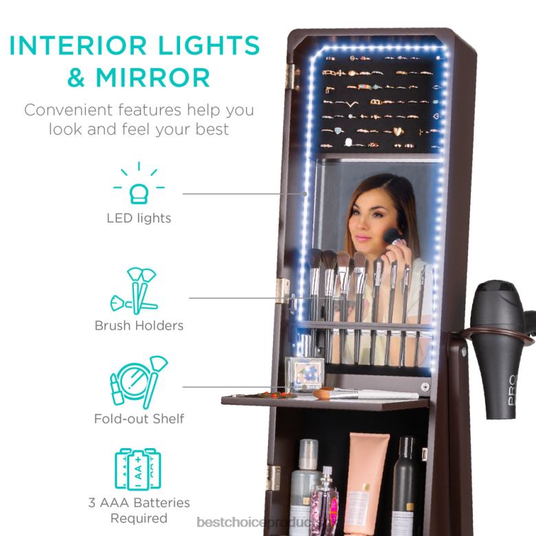 Accessory Best Choice ProductsStanding Full Length LED Mirror Jewelry Armoire w/Interior & Exterior Lights N62R1183 Brown