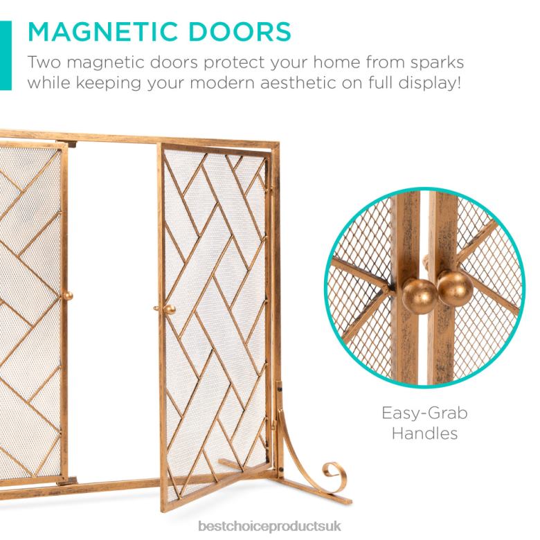 Accessory Best Choice Products2-Panel Wrought Iron Geometric Fireplace Screen w/ Magnetic Doors N62R714 Gold