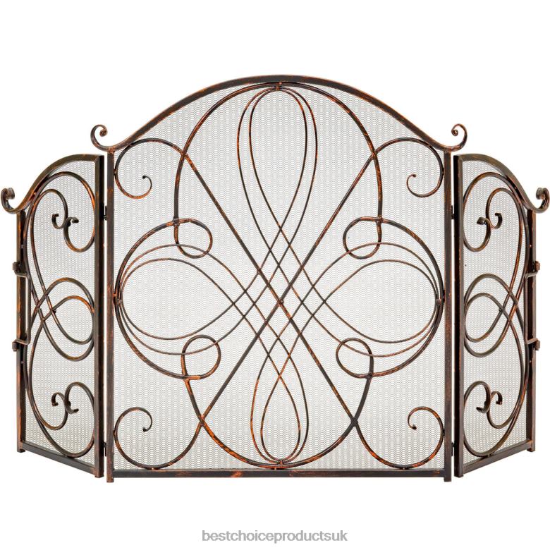 Accessory Best Choice Products3-Panel Wrought Iron Metal Fireplace Screen Cover w/ Scroll Design N62R1262 Copper