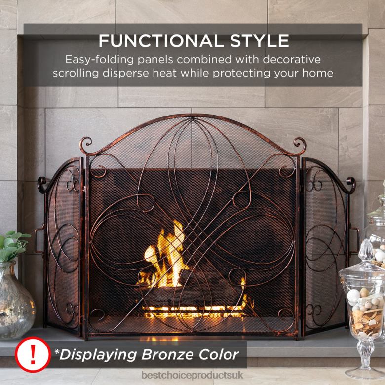 Accessory Best Choice Products3-Panel Wrought Iron Metal Fireplace Screen Cover w/ Scroll Design N62R1265 Gold