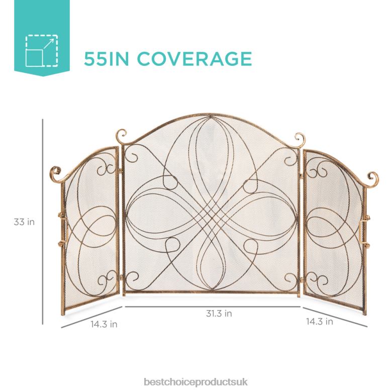 Accessory Best Choice Products3-Panel Wrought Iron Metal Fireplace Screen Cover w/ Scroll Design N62R1265 Gold