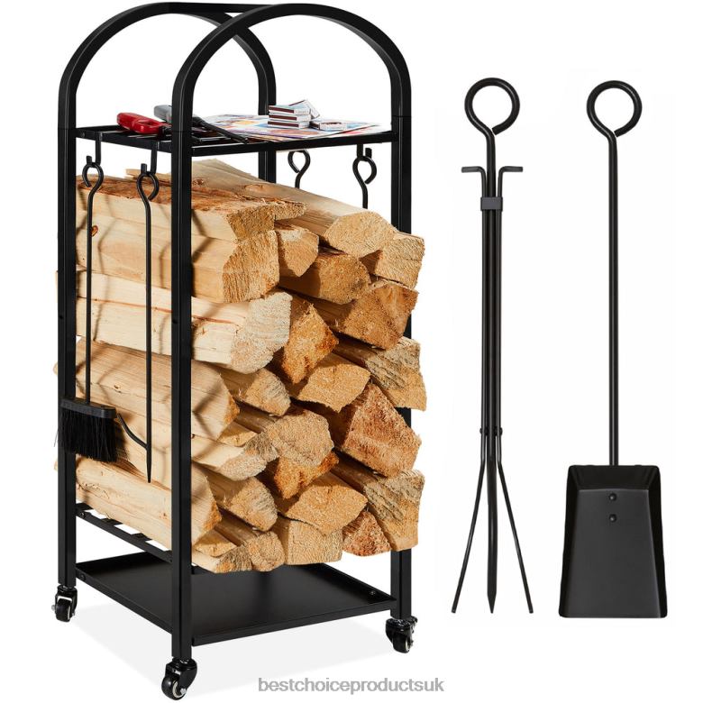 Accessory Best Choice Products3-Tier Wrought Iron Firewood Log Rack w/ 4-Piece Tool Set, Wheels N62R342 Black