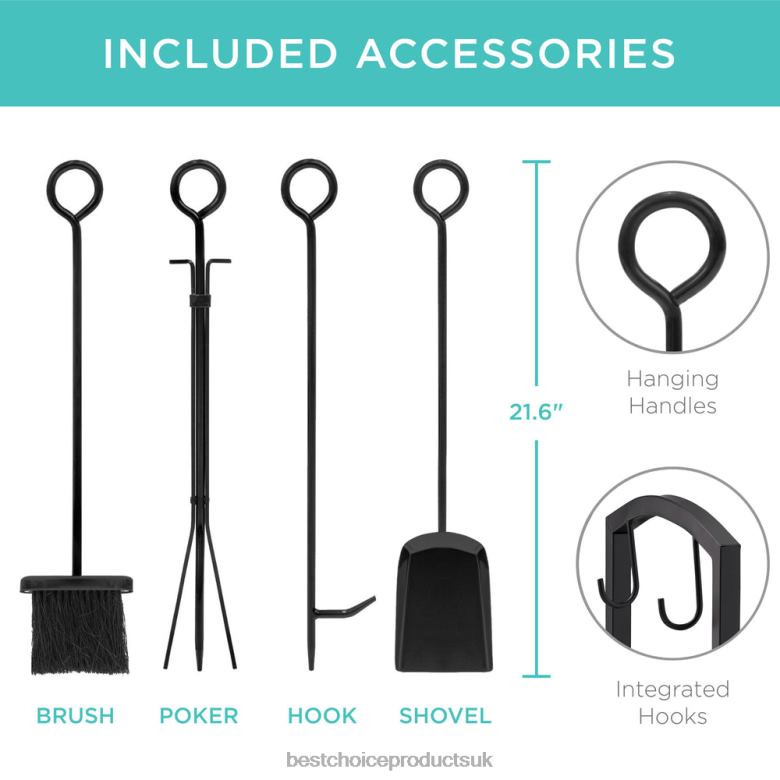 Accessory Best Choice Products5-Piece Firewood Log Rack Holder Tools Set w/ Hook, Broom, Shovel, Tongs N62R351 Black