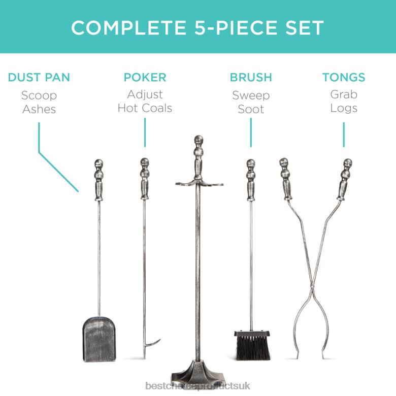 Accessory Best Choice Products5-Piece Rustic Iron Indoor Outdoor Fireplace and Firepit Tool Set w/ Stand N62R705 Pewter