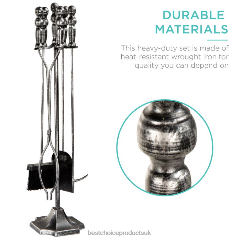 Accessory Best Choice Products5-Piece Rustic Iron Indoor Outdoor Fireplace and Firepit Tool Set w/ Stand N62R705 Pewter