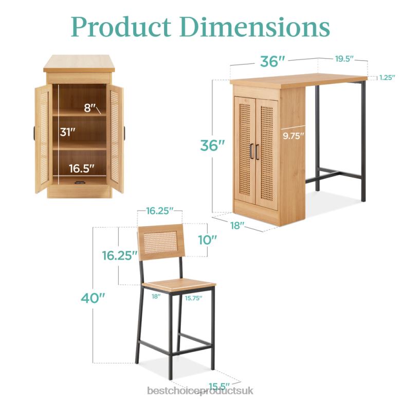 Accessory Best Choice Products3-Piece Counter Height Rattan Kitchen Dining Table Set w/ Storage Shelves N62R391 Natural
