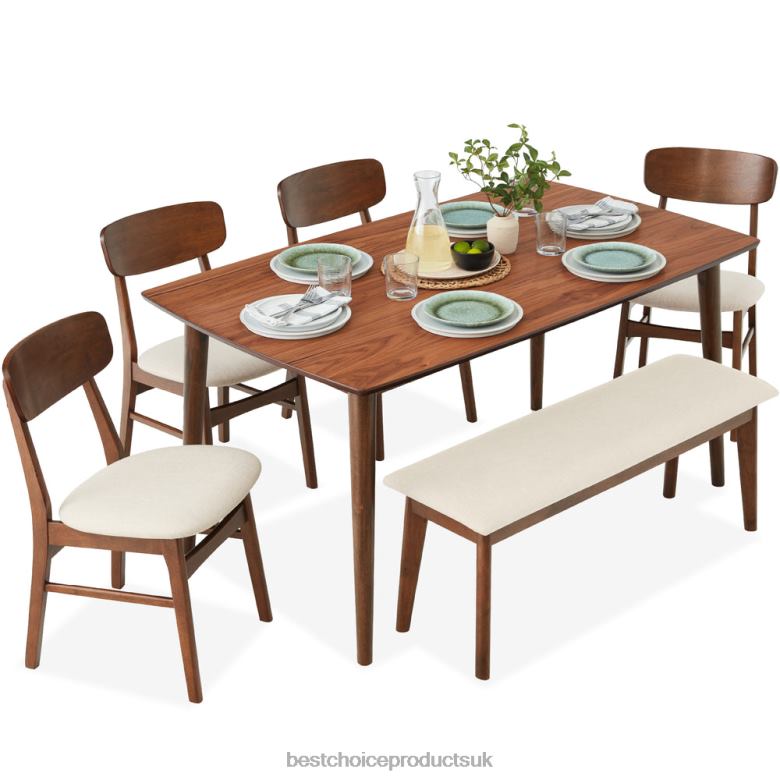 Accessory Best Choice Products6-Piece Mid-Century Modern Upholstered Wooden Dining Set w/ 4 Chairs, Bench N62R657 Walnut/Cream