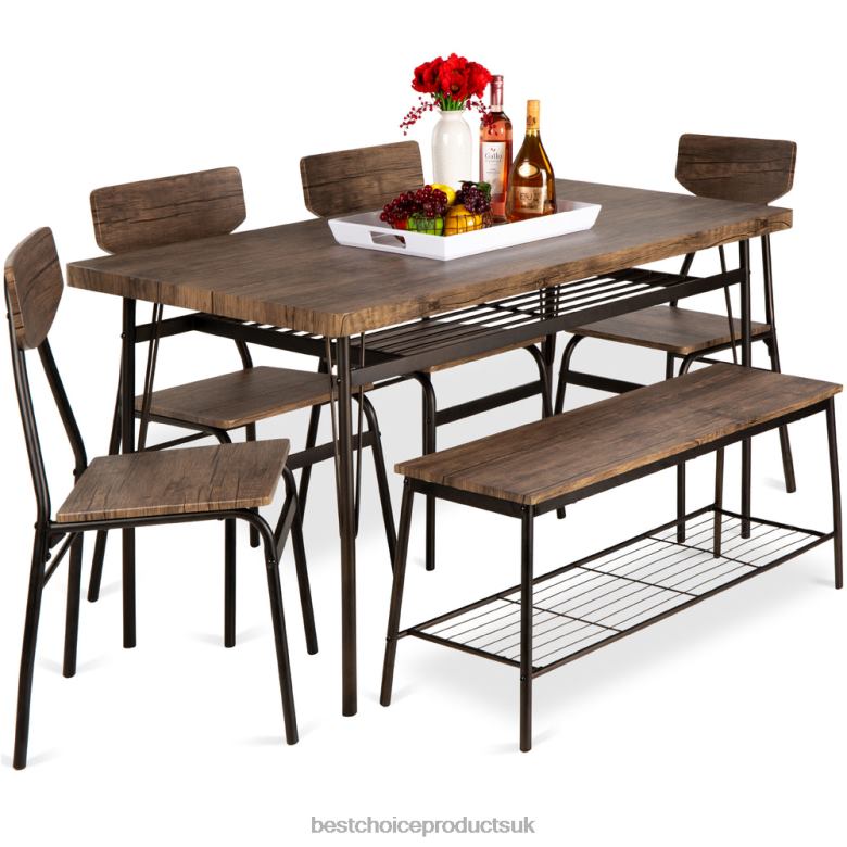 Accessory Best Choice Products6-Piece Modern Dining Set w/ Storage Racks, Table, Bench, 4 Chairs N62R367 Brown