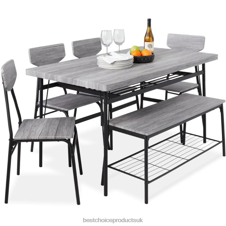 Accessory Best Choice Products6-Piece Modern Dining Set w/ Storage Racks, Table, Bench, 4 Chairs N62R368 Gray