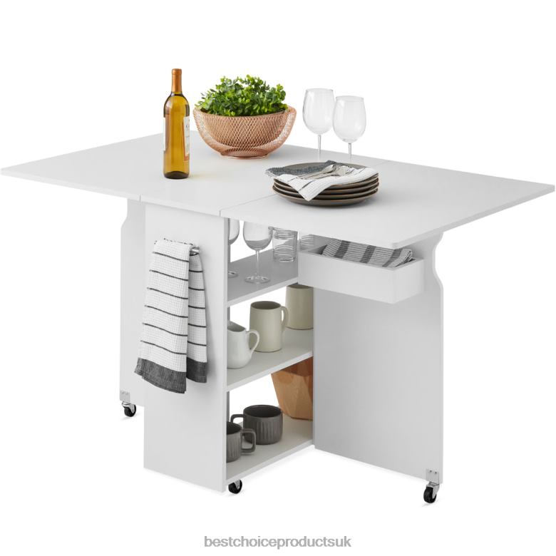 Accessory Best Choice ProductsMultipurpose Folding Table w/ Wheels, 3 Storage Shelves, Cubby, Handle N62R700 White