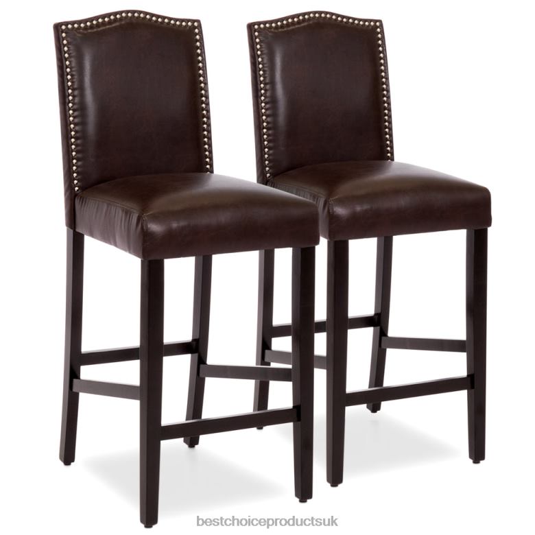 Accessory Best Choice ProductsSet of 2 30in Faux Leather Counter Height Bar Stools w/ Studded Trim Back N62R1277 Brown
