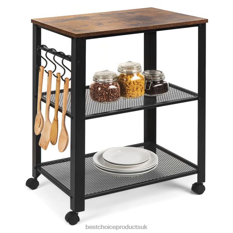 Accessory Best Choice Products3-Tier Microwave Cart Rolling Utility Serving Cart w/ 2 Shelves, 4 Hooks N62R1163 Brown