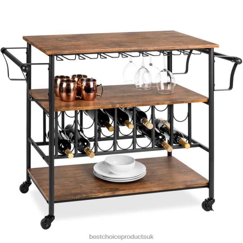 Accessory Best Choice Products45in Industrial Wood Shelf Bar & Wine Cart w/ Bottle & Glass Racks N62R1178 Brown