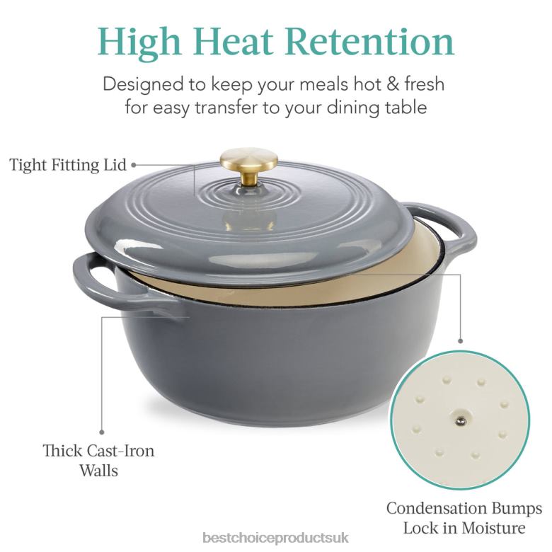 Accessory Best Choice ProductsCast-Iron Dutch Oven Kitchen Cookware w/ Enamel, Handles N62R327 Graphite Gray