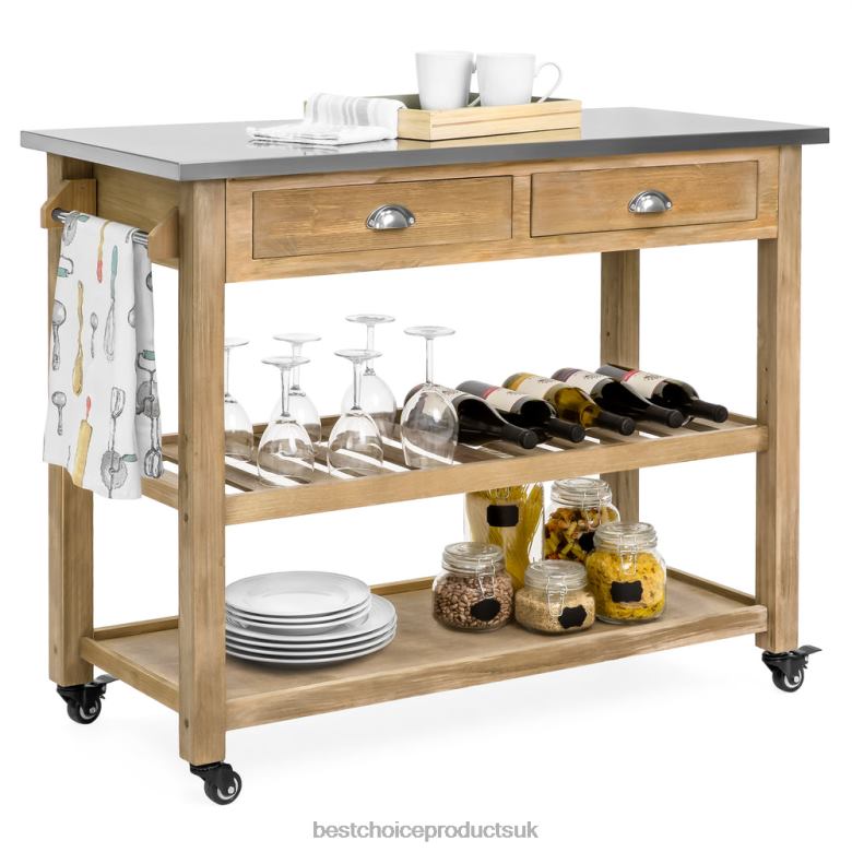 Accessory Best Choice ProductsKitchen Island Storage & Bar Cart w/ Stainless Steel Top N62R1281 Brown