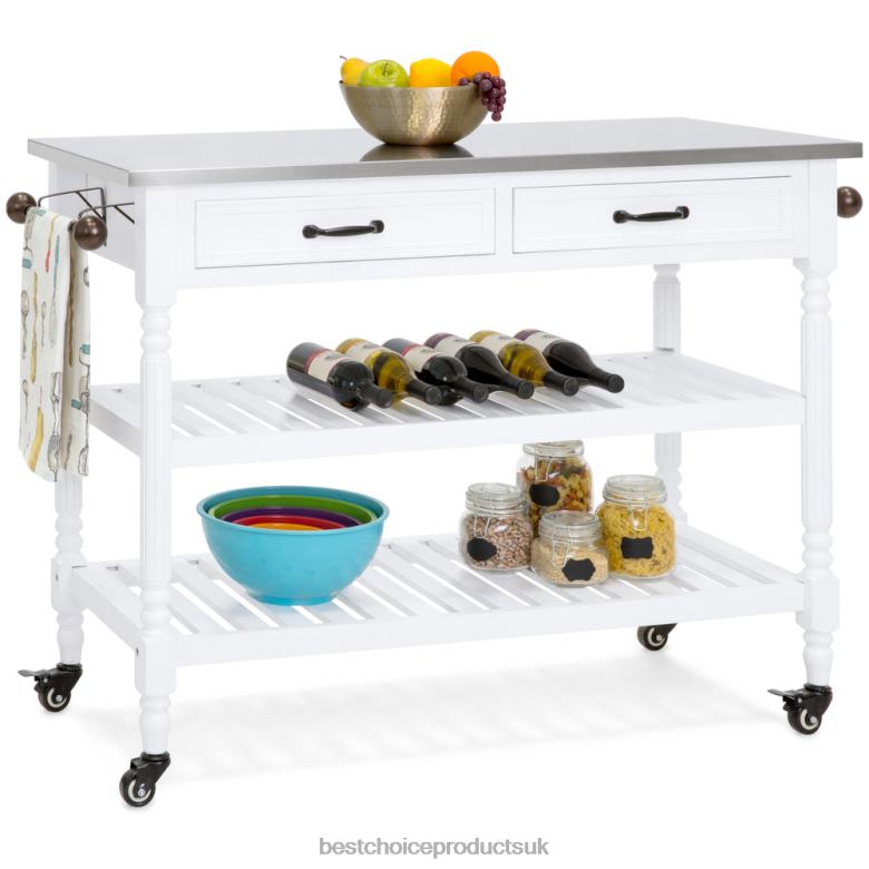 Accessory Best Choice ProductsKitchen Island Storage & Bar Cart w/ Stainless Steel Top N62R365 White