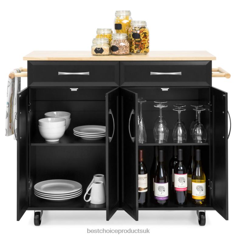 Accessory Best Choice ProductsUtility Kitchen Cart w/ Storage Cabinets, Handles, Cutting Board N62R1269 Black