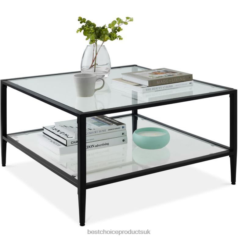 Accessory Best Choice Products2-Tier Large Square Coffee Table Living Room Accent w/ Glass Top N62R1254 Black