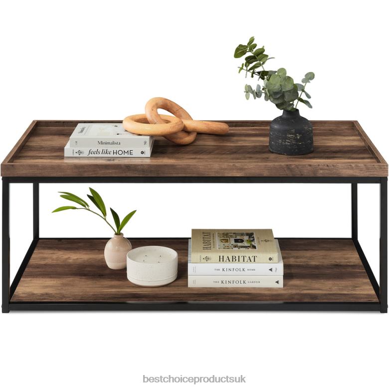 Accessory Best Choice Products2-Tier Rectangular Tray Top Coffee Table w/ Metal Frame, Shelf N62R731 Brown