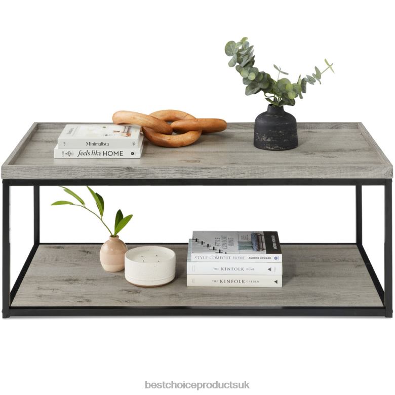 Accessory Best Choice Products2-Tier Rectangular Tray Top Coffee Table w/ Metal Frame, Shelf N62R732 Gray