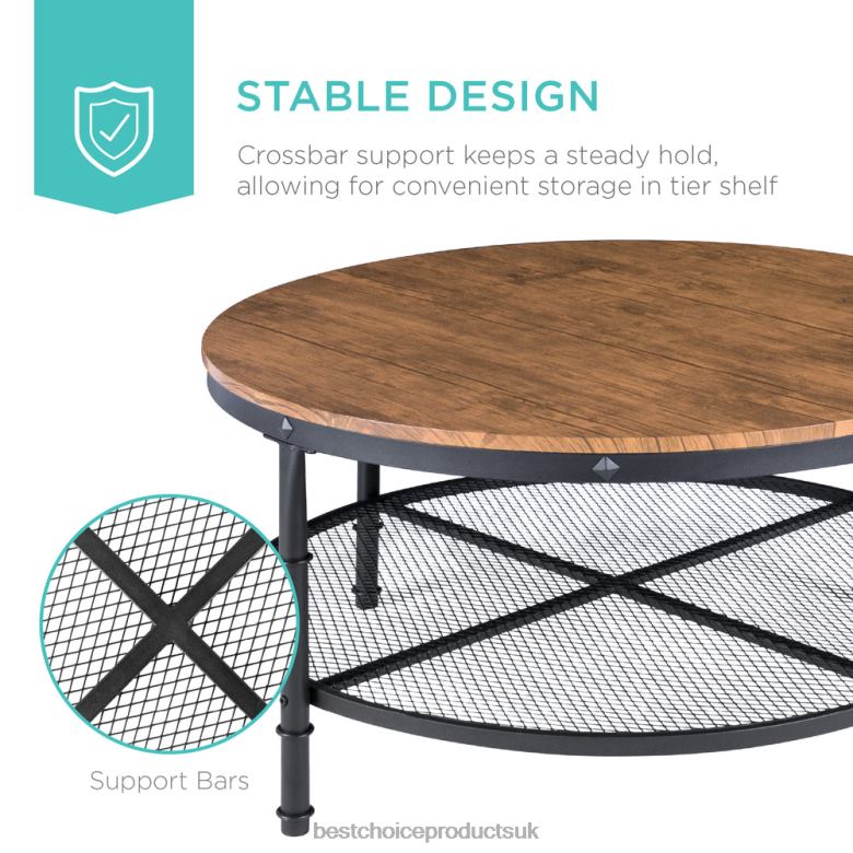 Accessory Best Choice Products2-Tier Round Industrial Wood & Steel Coffee Table, Storage Shelves N62R355 Brown