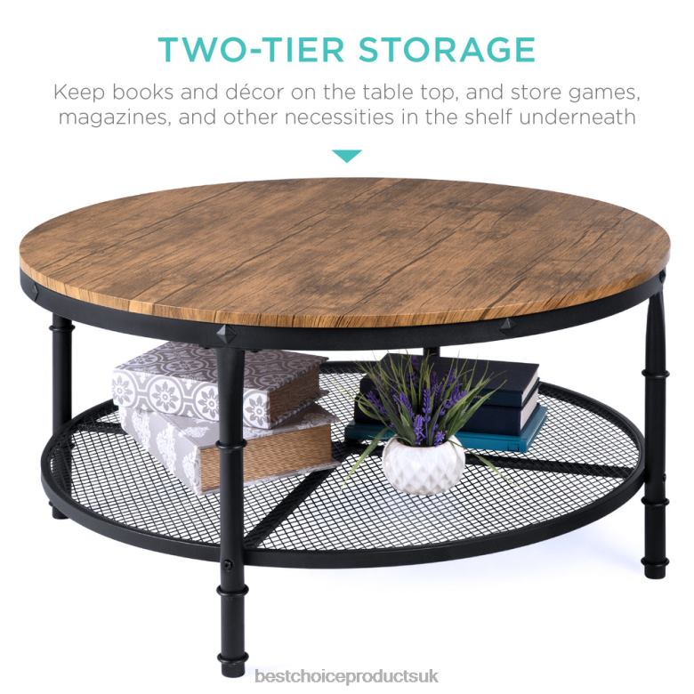 Accessory Best Choice Products2-Tier Round Industrial Wood & Steel Coffee Table, Storage Shelves N62R355 Brown
