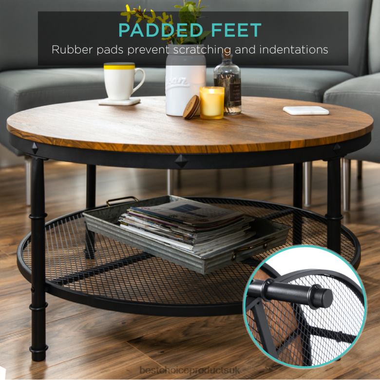 Accessory Best Choice Products2-Tier Round Industrial Wood & Steel Coffee Table, Storage Shelves N62R355 Brown