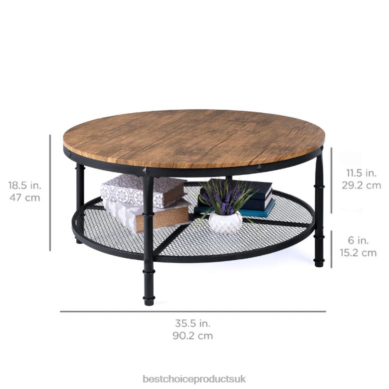 Accessory Best Choice Products2-Tier Round Industrial Wood & Steel Coffee Table, Storage Shelves N62R355 Brown