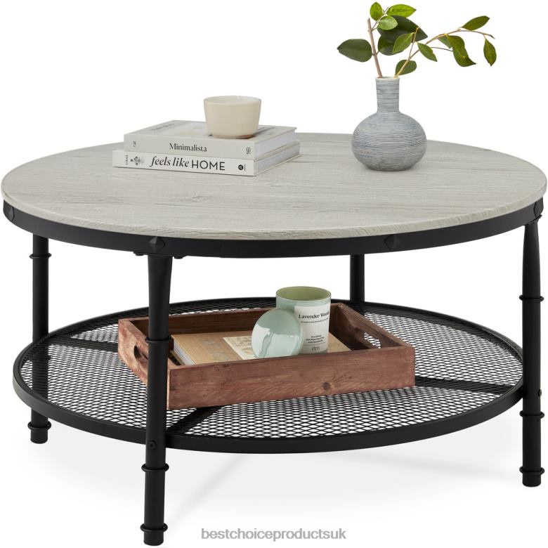 Accessory Best Choice Products2-Tier Round Industrial Wood & Steel Coffee Table, Storage Shelves N62R356 Gray