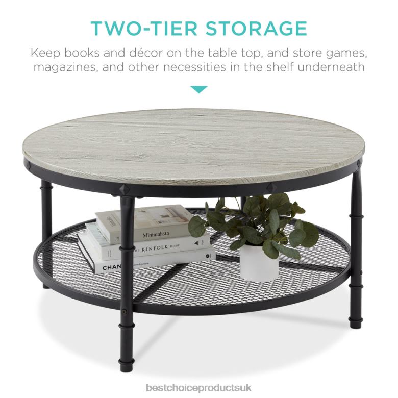 Accessory Best Choice Products2-Tier Round Industrial Wood & Steel Coffee Table, Storage Shelves N62R356 Gray